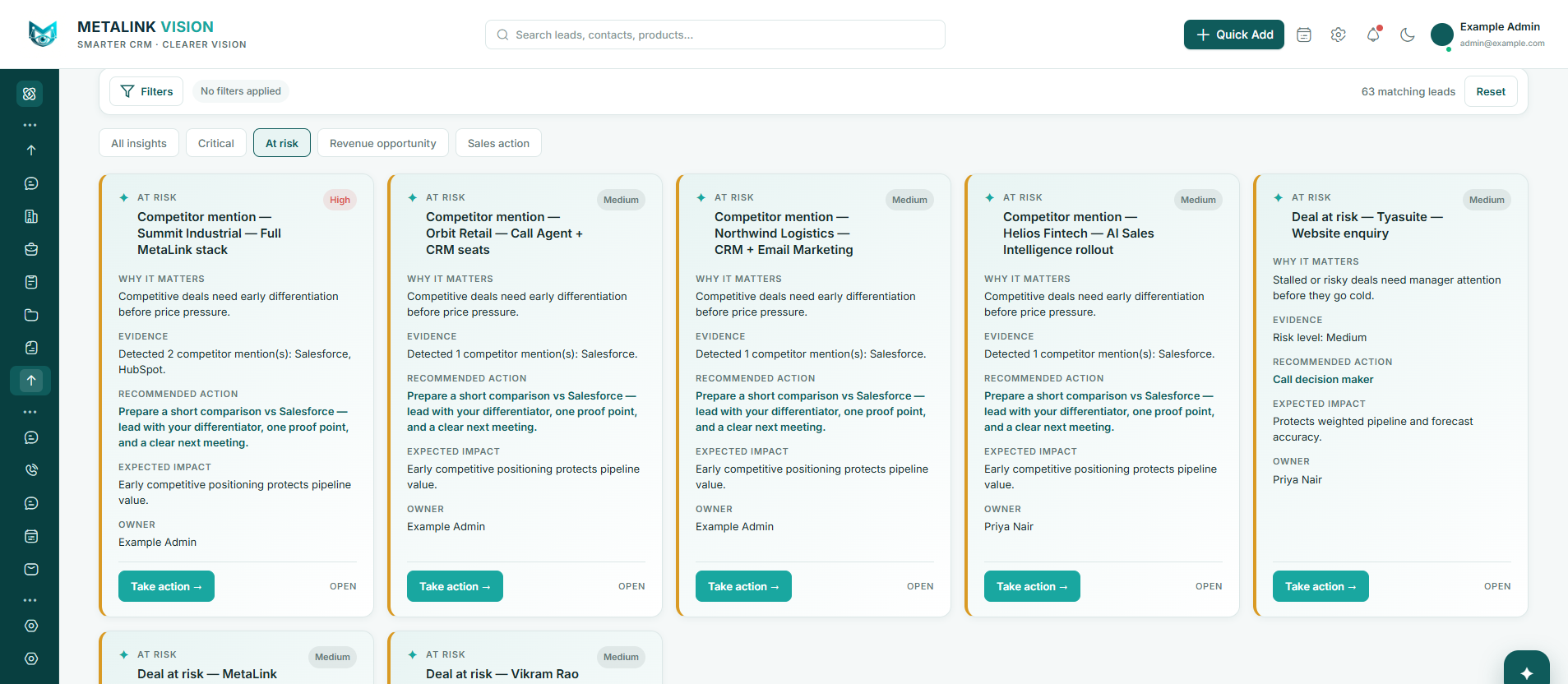 METALINK VISION at-risk insight cards with competitor mentions, evidence, recommended actions, expected impact and owners